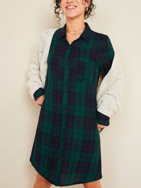 Women's Green and Navy Blue Button Up Plaid Shirt Dress